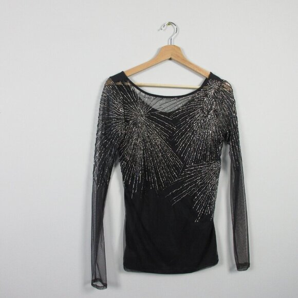 Club Monaco Women Top S Black Starburst Sequin LS Sheer Beaded Luxury Party 226 - Picture 1 of 12